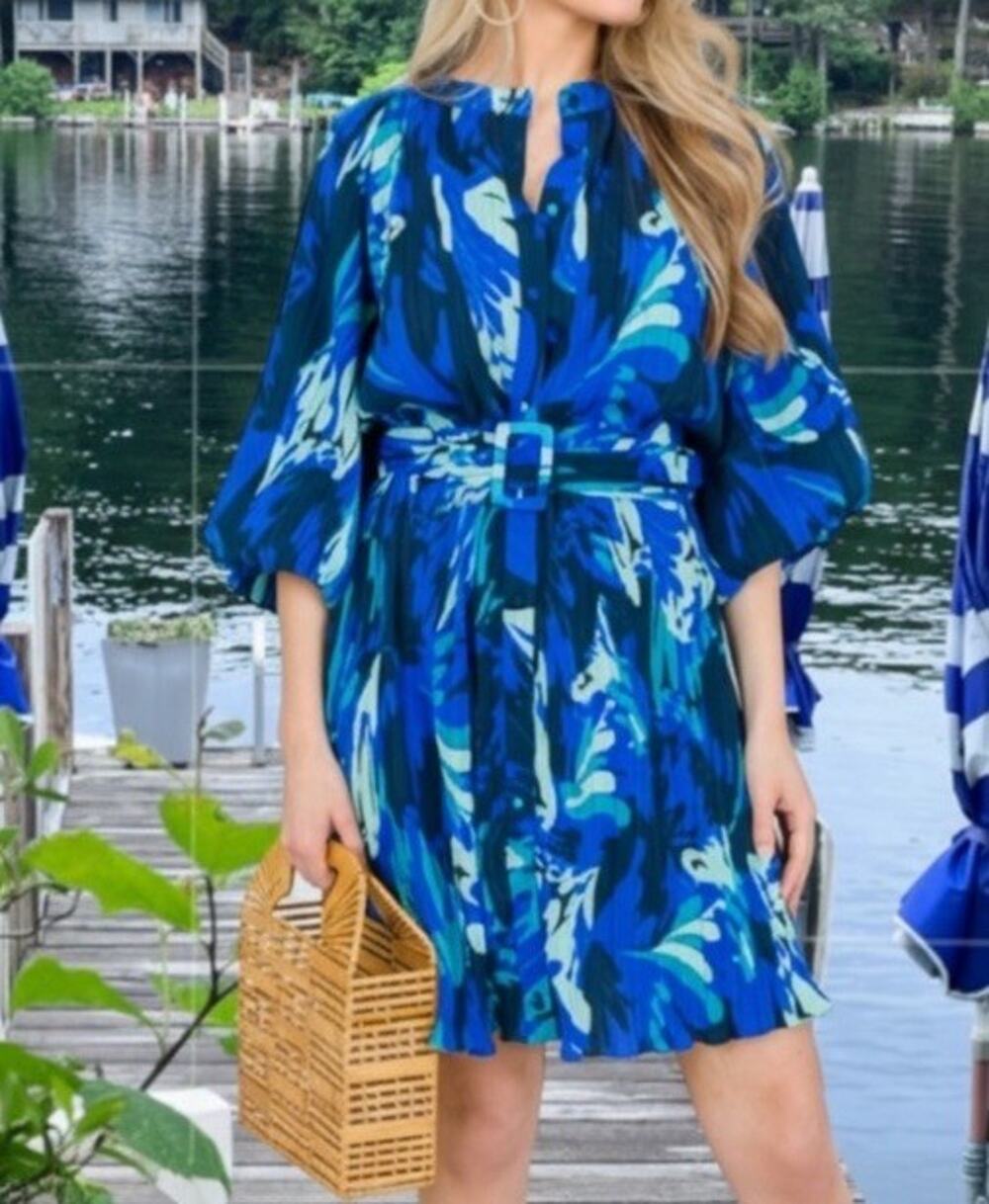 Ciebon XS Blue Pleated Floral Belted Mini Dress Balloon Sleeve Button Front